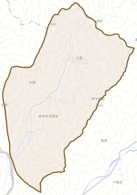 木部谷とその周辺の地図。町の範囲を重ねている