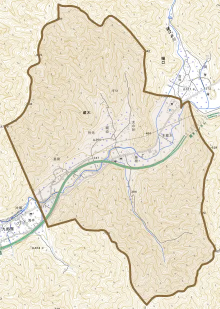 蔵木とその周辺の地図。町の範囲を重ねている
