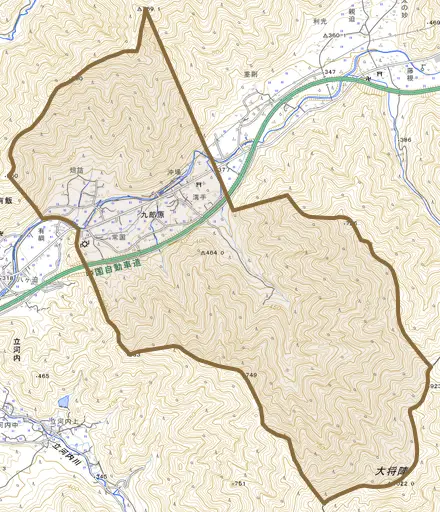 九郎原とその周辺の地図。町の範囲を重ねている