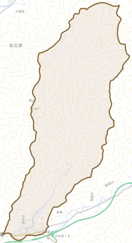 六日市とその周辺の地図。町の範囲を重ねている