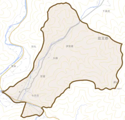 七日市とその周辺の地図。町の範囲を重ねている