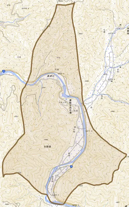 大野原とその周辺の地図。町の範囲を重ねている