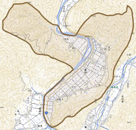 真田とその周辺の地図。町の範囲を重ねている