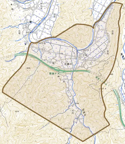 注連川とその周辺の地図。町の範囲を重ねている