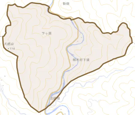 下須とその周辺の地図。町の範囲を重ねている