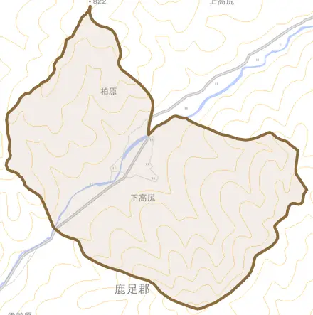 下高尻とその周辺の地図。町の範囲を重ねている