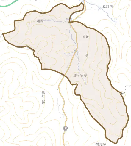 幸地とその周辺の地図。町の範囲を重ねている