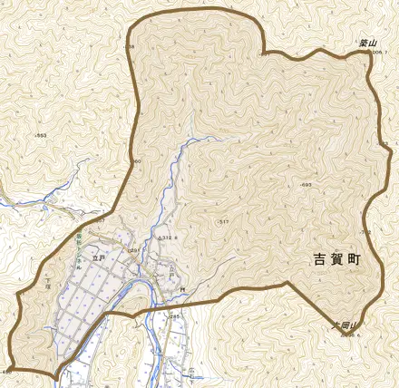 立戸とその周辺の地図。町の範囲を重ねている