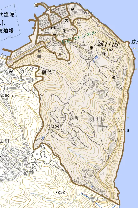 網代とその周辺の地図。町の範囲を重ねている