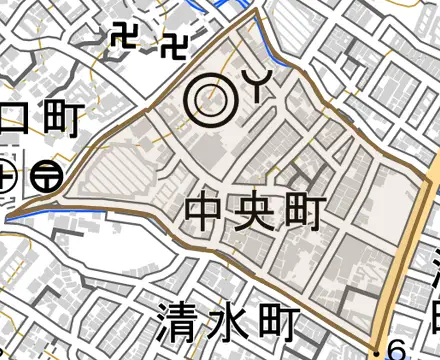 中央町とその周辺の地図。町の範囲を重ねている
