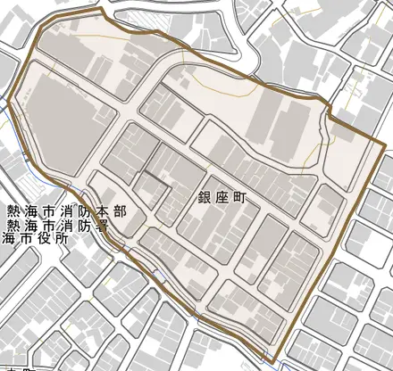 銀座町とその周辺の地図。町の範囲を重ねている
