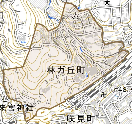 林ガ丘町とその周辺の地図。町の範囲を重ねている