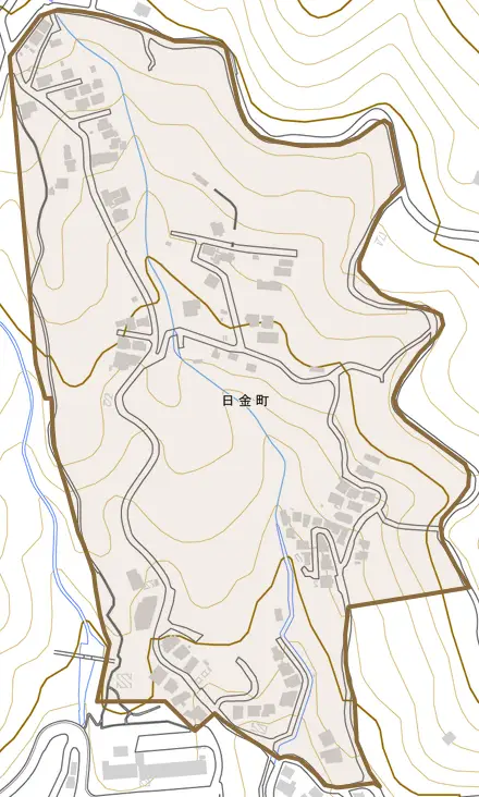 日金町とその周辺の地図。町の範囲を重ねている