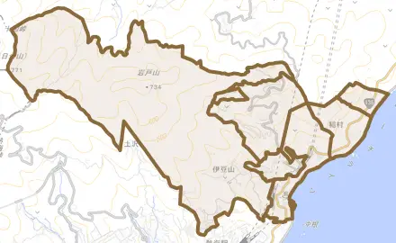 伊豆山とその周辺の地図。町の範囲を重ねている