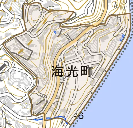 海光町とその周辺の地図。町の範囲を重ねている