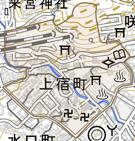 上宿町とその周辺の地図。町の範囲を重ねている