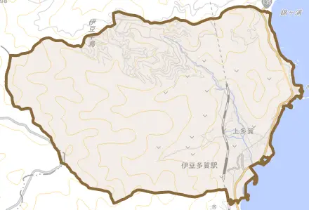 上多賀とその周辺の地図。町の範囲を重ねている