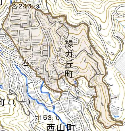 緑ガ丘町とその周辺の地図。町の範囲を重ねている