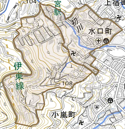 水口町とその周辺の地図。町の範囲を重ねている
