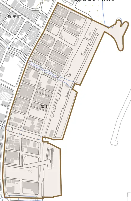 渚町とその周辺の地図。町の範囲を重ねている