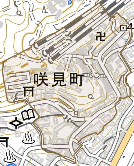 咲見町とその周辺の地図。町の範囲を重ねている