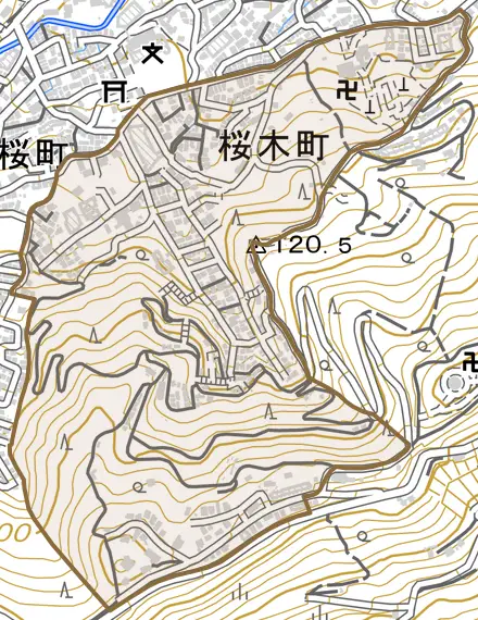 桜木町とその周辺の地図。町の範囲を重ねている