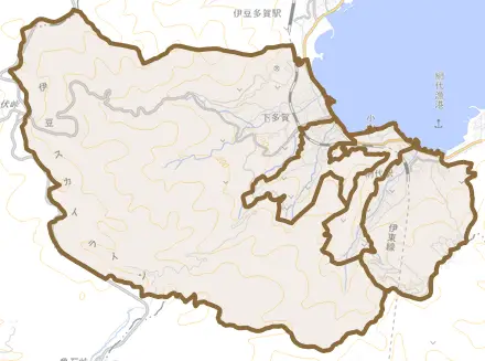 下多賀とその周辺の地図。町の範囲を重ねている