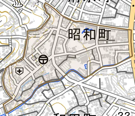 昭和町とその周辺の地図。町の範囲を重ねている