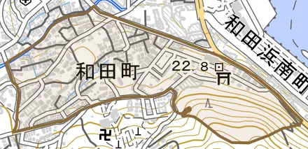 和田町とその周辺の地図。町の範囲を重ねている