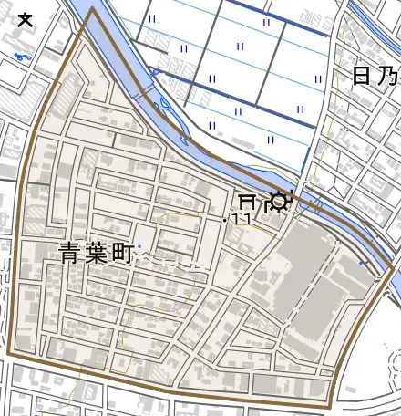 青葉町とその周辺の地図。町の範囲を重ねている