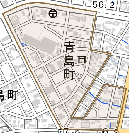 青島町とその周辺の地図。町の範囲を重ねている