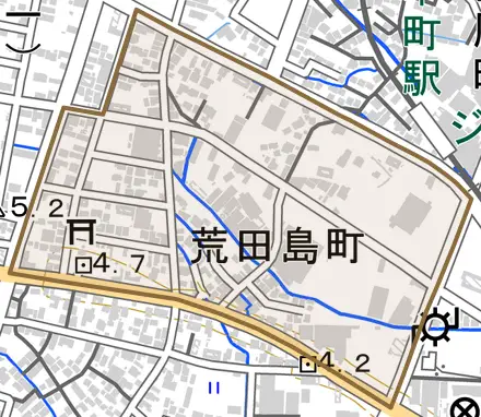 荒田島町とその周辺の地図。町の範囲を重ねている