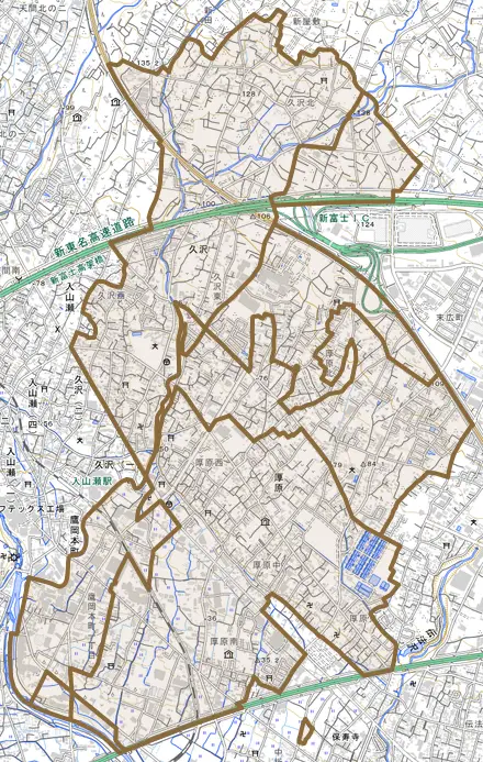 厚原とその周辺の地図。町の範囲を重ねている