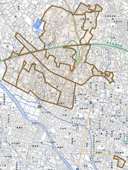 伝法とその周辺の地図。町の範囲を重ねている