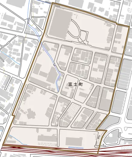 富士町とその周辺の地図。町の範囲を重ねている