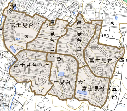 富士見台とその周辺の地図。町の範囲を重ねている