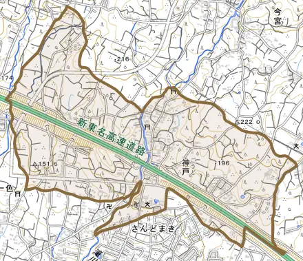 神戸とその周辺の地図。町の範囲を重ねている
