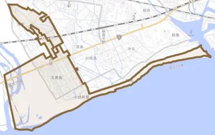 五貫島とその周辺の地図。町の範囲を重ねている
