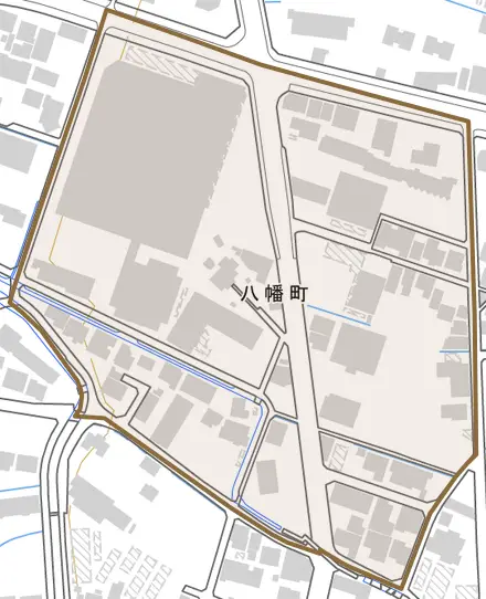 八幡町とその周辺の地図。町の範囲を重ねている