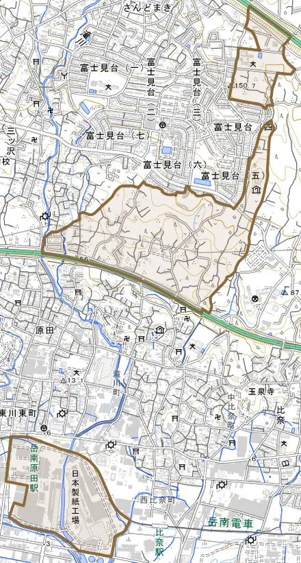 原田とその周辺の地図。町の範囲を重ねている