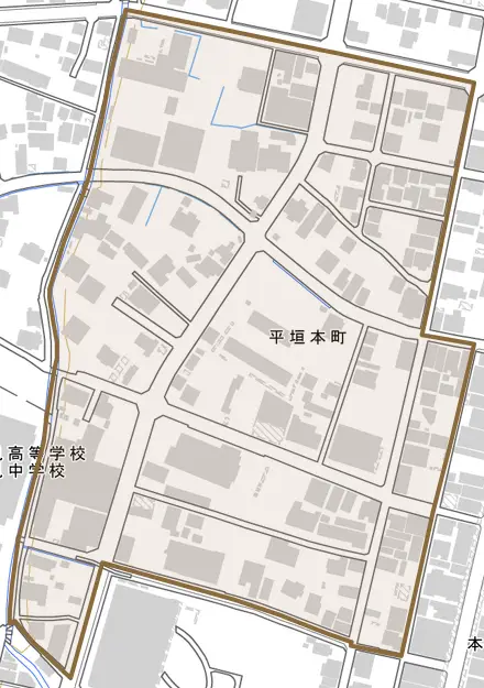 平垣本町とその周辺の地図。町の範囲を重ねている