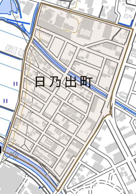 日乃出町とその周辺の地図。町の範囲を重ねている