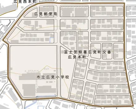 広見本町とその周辺の地図。町の範囲を重ねている