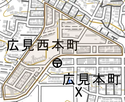 広見西本町とその周辺の地図。町の範囲を重ねている
