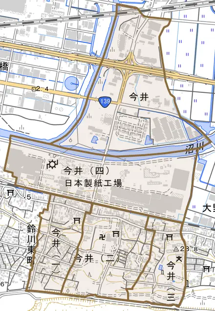 今井とその周辺の地図。町の範囲を重ねている