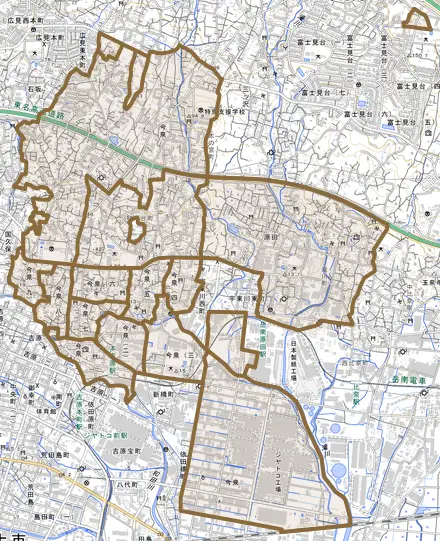 今泉とその周辺の地図。町の範囲を重ねている