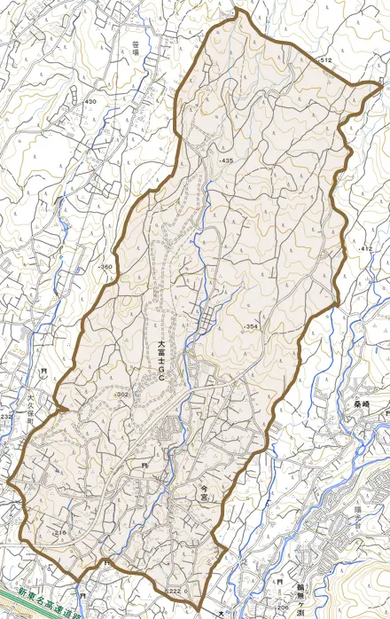 今宮とその周辺の地図。町の範囲を重ねている