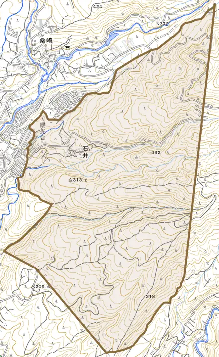 石井とその周辺の地図。町の範囲を重ねている