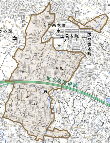 石坂とその周辺の地図。町の範囲を重ねている