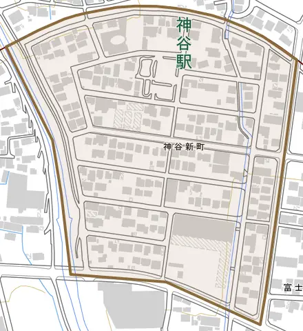 神谷新町とその周辺の地図。町の範囲を重ねている
